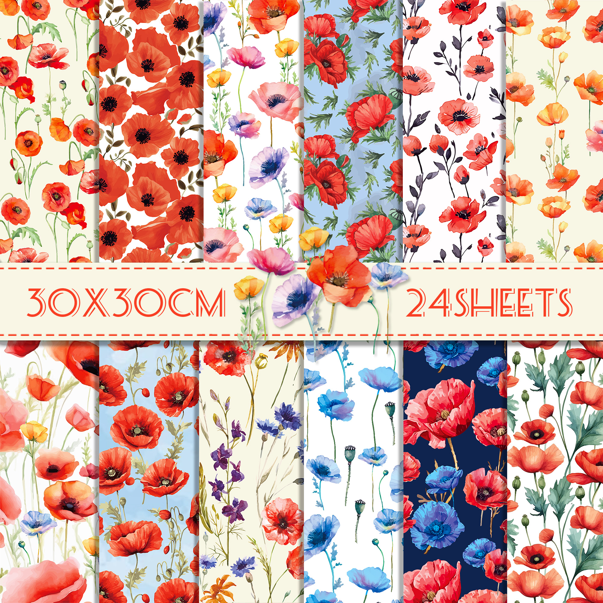 Art Craft Background - 24pcs 30*30cm Poppy Red Flowers Scrapbook